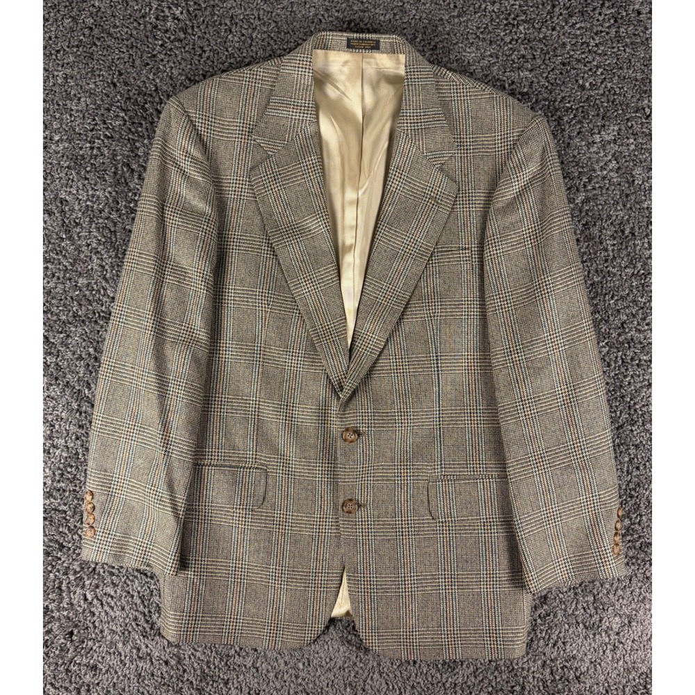Oscar de la Renta Mens 41 Reg Silk Wool Glen Plaid Blazer Sport Coat Brown Green